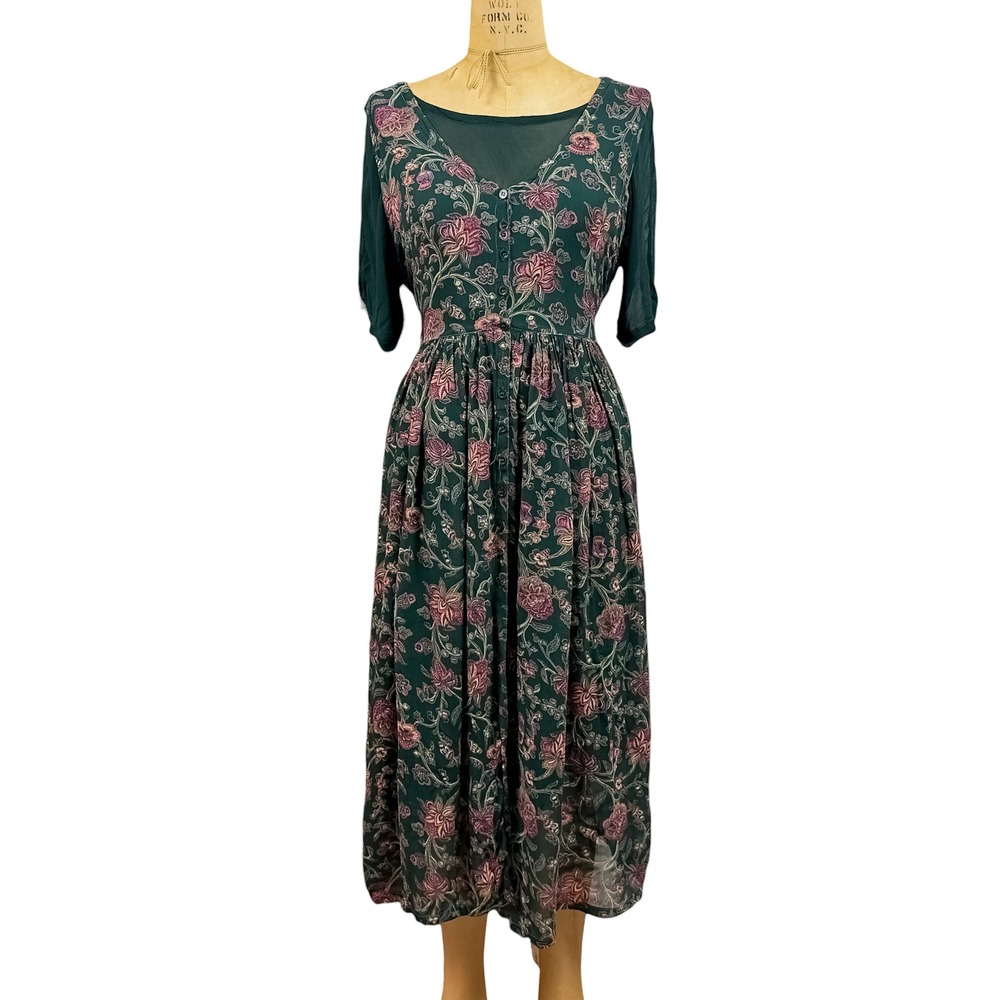 Vintage 90s Nostalgia Rayon Maxi Dress Dark Teal Floral Layered Whimsigoth M‎